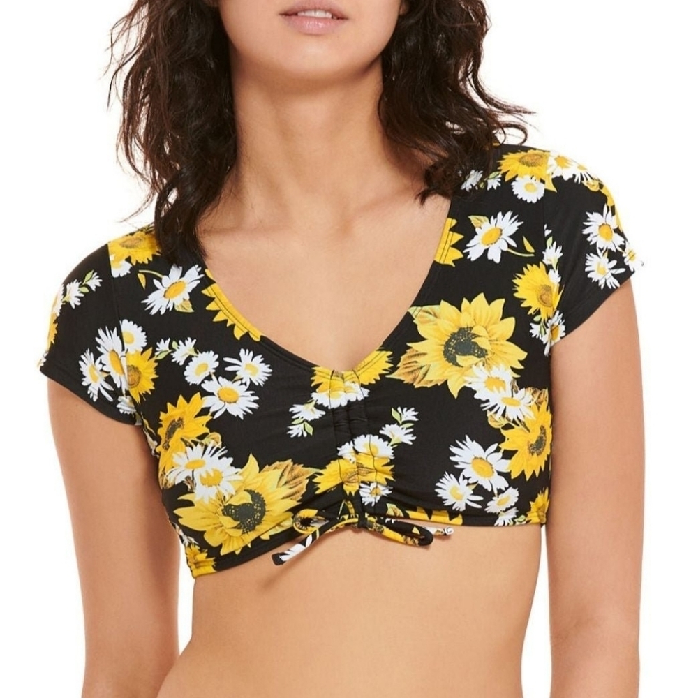 Decree | M | Front Tie Short Sleeve Floral Bralette Bikini Swimsuit Top Juniors - Picture 1 of 3